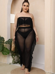 Set da spiaggia taglie forti in mesh con top a fascia e pantaloni con volant