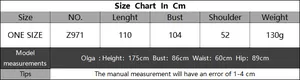 Detailed size chart for the beach crochet dress showing measurements and model info