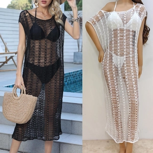 Close-up of vertical crochet knit patterns on long black and white beach cover-up dresses