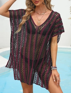 Detailed close-up of crochet knit texture with hollow out color block stripes