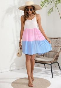 Detail of three-color striped sleeveless sundress with ruffle hem and breathable fabric