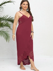 Women's plus size burgundy strap dress with intricate hollow-out laser-cut floral hem