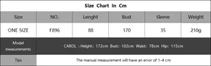 Detailed size chart for oversized V-neck beach dress showing lengths and bust measurements