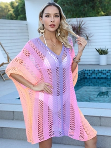 Robe de plage au crochet en dégradé de couleurs avec col en V et maille ajourée ample