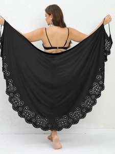 Women's plus size black beach cover-up dress with butterfly laser-cut floral hem details