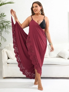 Elegant burgundy laser-cut beach cover-up dress for women with scalloped edge design