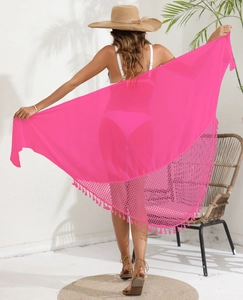 Detail of rose pink chiffon beach sarong with diamond mesh knit and fringe tassel trim
