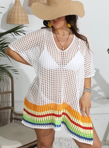 Women's white crochet beach cover-up with deep V-neck and colorful rainbow stripes