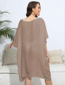 Rear view of brown semi-transparent beach cover-up with a loose fit and flowy silhouette