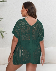 Macro detail of dark green crochet hollow-out pattern on this V-neck beach cover-up dress