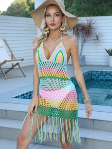 Robe de Plage Bohème Multicolore Rayée en Crochet pour Femme Ajourée Dos Nu Col en V avec Glands