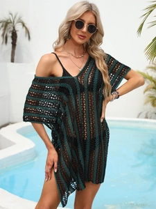 Green and black crochet beach cover-up with V-neck and striped hollow knit pattern