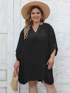 Women's plus size black V-neck beach cover up dress with roll-tab sleeves and loose fit