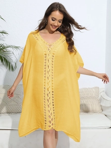 Women's yellow loose beach cover-up with crochet lace splicing and batwing sleeves