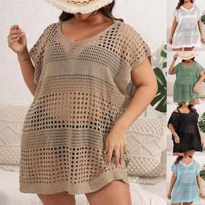 Detail of V-neck hollow out crochet beach cover-up dress in multiple summer color options