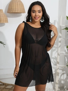 Damen Übergröße Strandkleid aus schwarzem Netzstoff ohne Ärmel für Pool und Urlaub