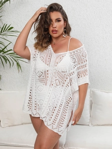 White plus size hollow out crochet beach cover-up dress with V-neck and drop shoulder design