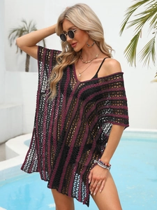 Women's crochet color block beach cover-up dress with hollow knit pattern for vacation
