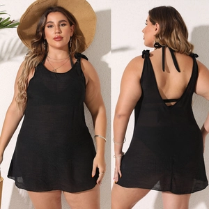 Detail of black semi-transparent beach cover-up with tie straps and open back design