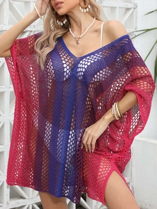 Robe de plage au crochet pour femme avec dégradé rouge et violet et maille ajourée