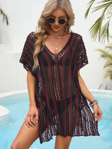 Women's crochet colorblock V-neck beach cover-up with hollow knit boho patterns