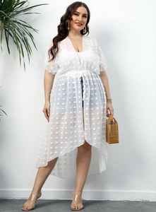 Full view of white chiffon cover-up with textured dobby dots and waist tie detail