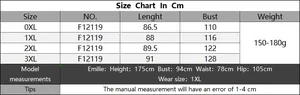 Size chart for plus size fringe dress showing bust and length in cm for sizes 0XL to 3XL