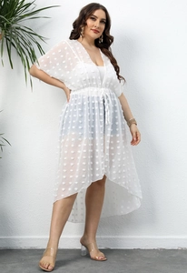 Detailed view of the white swiss dot chiffon beach cover-up with adjustable waist drawstring