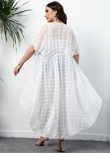 Macro shot of white sheer chiffon cardigan with 3D polka dot texture and flared hem