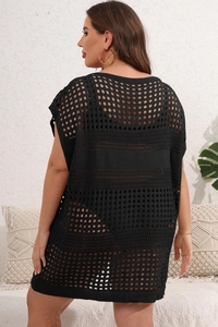 Close-up back view of black hollow out knit beach cover up with geometric texture
