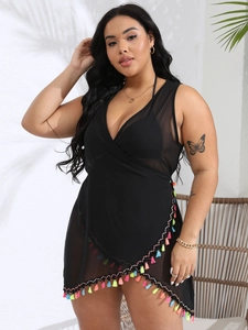 Plus size black sheer mesh beach cover-up with colorful fringe hem and halter neck