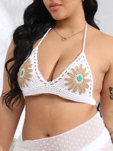 Sexy white handmade crochet sunflower bikini top with halter neck straps for women beachwear