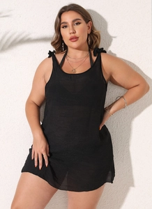 Detail of black plus size beach cover-up featuring elegant bow knots on the shoulders