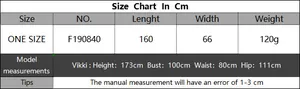 Detailed size chart for fringe beach wrap skirt with model measurements and dimensions