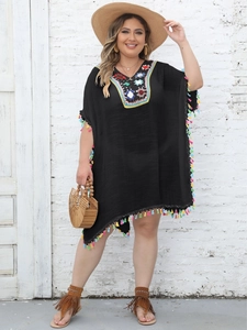 Plus Size Women Boho Beach Cover Up Kaftan Dress Crochet Floral V Neck Tassel Hem Short Sleeve Vacation Sunscreen Top