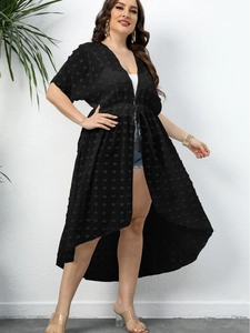 Plus Size Women Swiss Dot Chiffon Beach Cover Up V Neck Tie Waist High Low Hem Irregular Cardigan Holiday Vacation Sun Protection Top