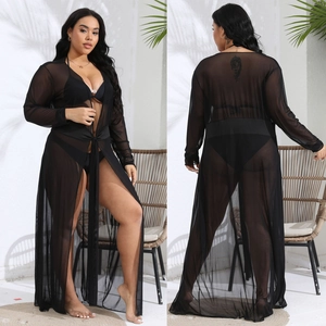 Front and back view of long black sheer mesh cardigan cover-up with waist tie detail