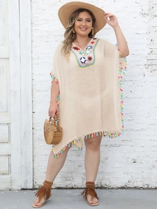 Bohemian plus size beach cover-up with crochet V-neck and colorful fringe details