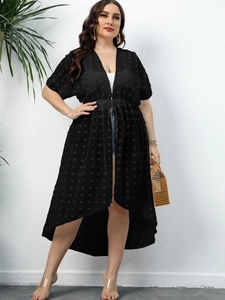 Plus size black polka dot chiffon cover-up with drawstring waist and irregular hem