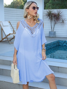 Cache-Maillot de Plage Bohème pour Femmes Crochet Ajouré Épaules Dénudées Couleur Unie Gland Col en V Ample Maillot de Bain Vacances