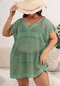 Sage green hollow-out crochet beach cover-up dress featuring a V-neck and knit texture