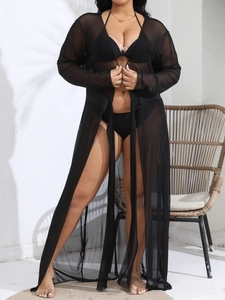 Women's sexy sheer mesh long cardigan sun protection cover up in elegant black color