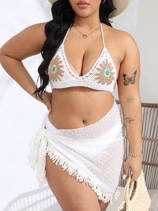 Handmade white crochet bikini set with sunflower patches and fringed beach sarong skirt