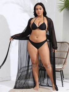 Women's plus size black 3-piece swimwear set with long sheer mesh cover-up and bikini