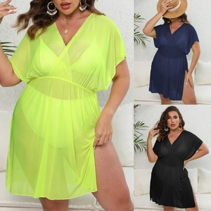 Deep V-neck plus size mesh beach cover-up dress in neon green, navy and black colors