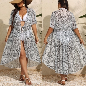 Détails du cardigan de plage à pois pour femmes avec ceinture et tissu en mousseline