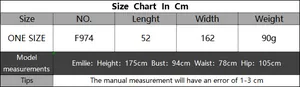 Size chart detail showing length and width measurements for chiffon fringe skirt