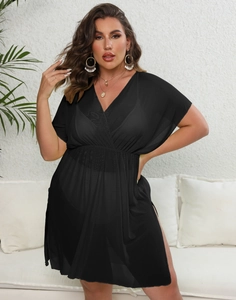 Detail of plus size black sheer mesh dress featuring deep V-neck and high elastic waist
