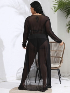 Rear view of long black mesh cardigan cover-up with sheer fabric and ankle-length cut