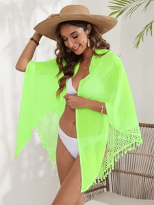 Women's neon green chiffon beach sarong with crochet lace trim and fringe details